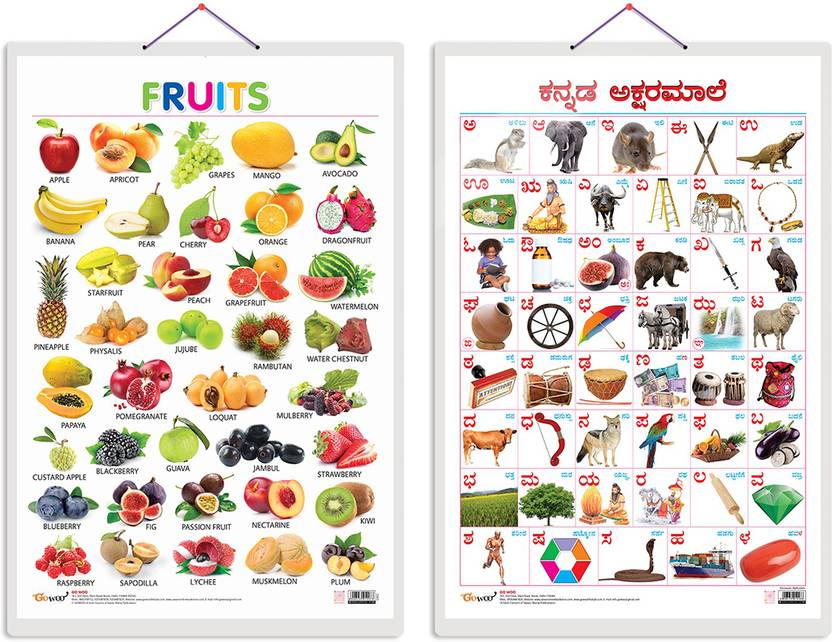GO WOO Pack of 2 Fruits and Kannada Alphabet Educational charts with