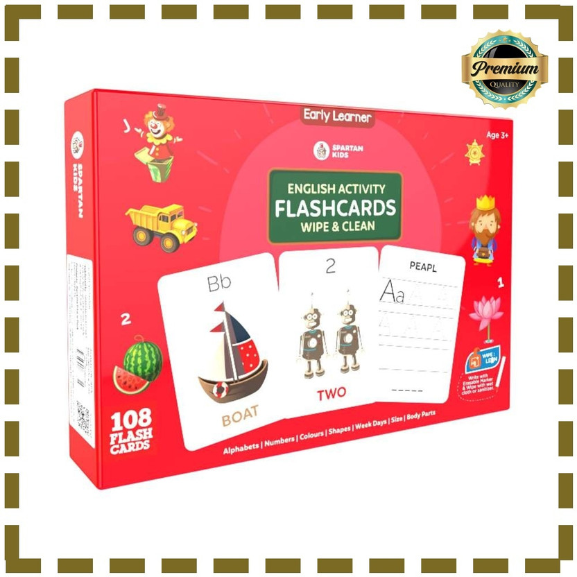 spartan kids Luxury Wipe-Clean Language Flash Cards for Kids | 108 Reusable Cards + Marker(Multicolor)
