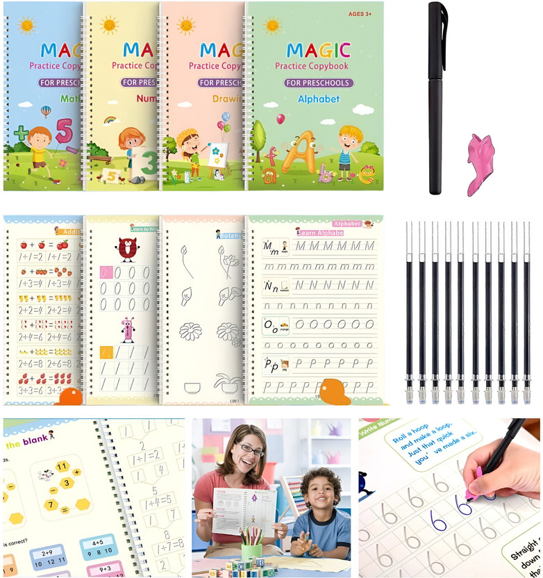 ANKREN Magic Practice Copybook, (4 Book + 10 Refill+ 2 Pen +2 Grip) Set-403(Multicolor)