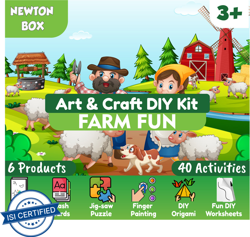 Little Olive Newton Box 6 in 1 Art and Craft DIY Kit | Farm Animals Theme | 3 Years and above(Green)
