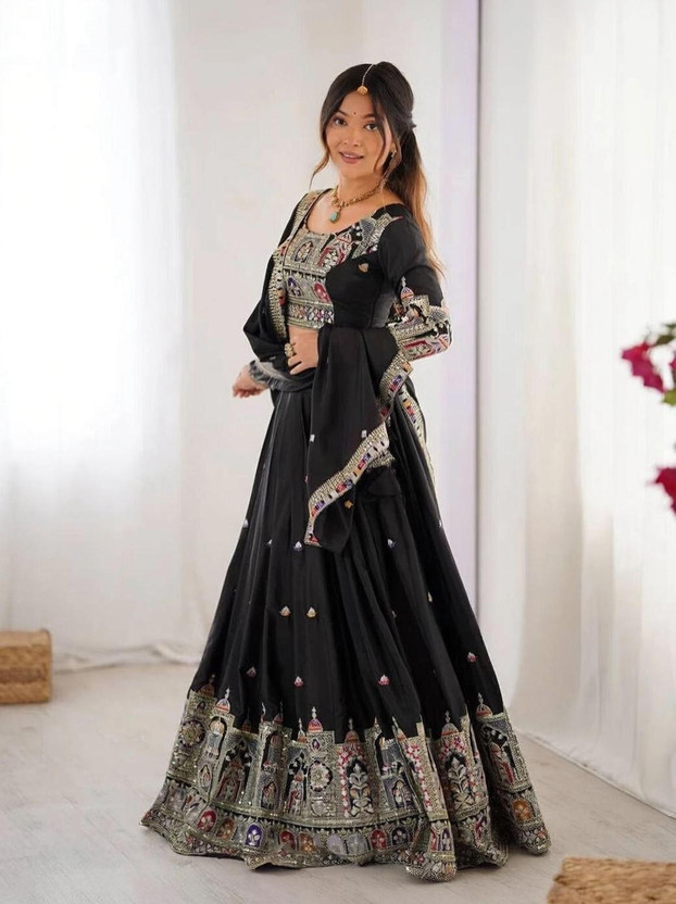 FOLKSHWEAR 21 Embroidered Semi Stitched Lehenga Choli(Black)