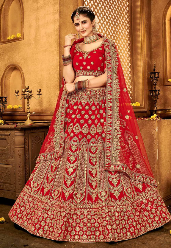 Fashion Filament – Live Your Fashion Embroidered Semi Stitched Lehenga Choli(Red)