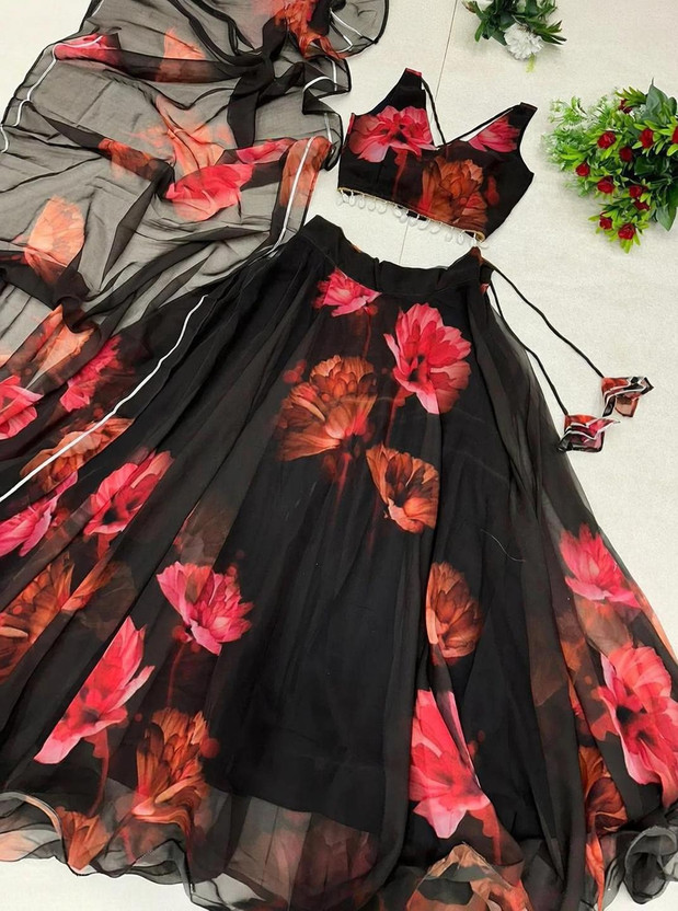PuriMaa Floral Print Semi Stitched Lehenga Choli(Black)