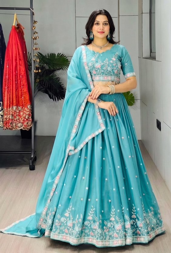 FOLKSHWEAR FOLKSHWEAR 21 Embroidered Semi Stitched Lehenga Choli(Light Blue) - Flipkart Deal
