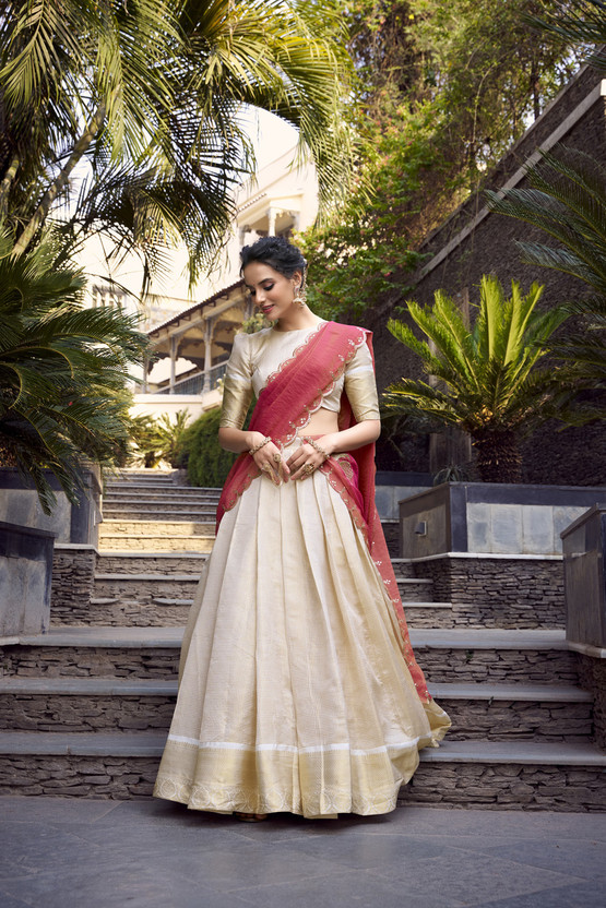 LookNbook art Solid Semi Stitched Lehenga Choli(White)