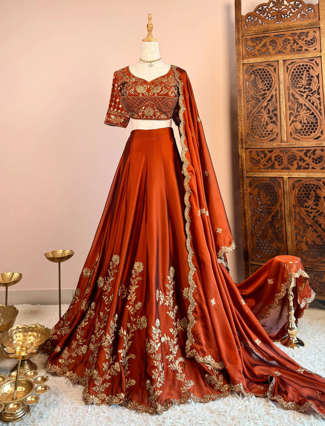 Trijal Fab Embroidered Semi Stitched Lehenga Choli(Orange)