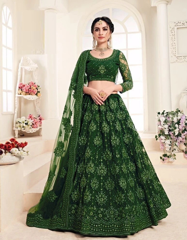 ZAALIMA FASHION Embroidered Semi Stitched Lehenga Choli(Dark Green)
