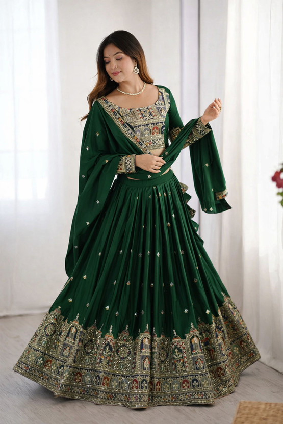 Trivety Embroidered, Self Design Semi Stitched Lehenga Choli(Green)