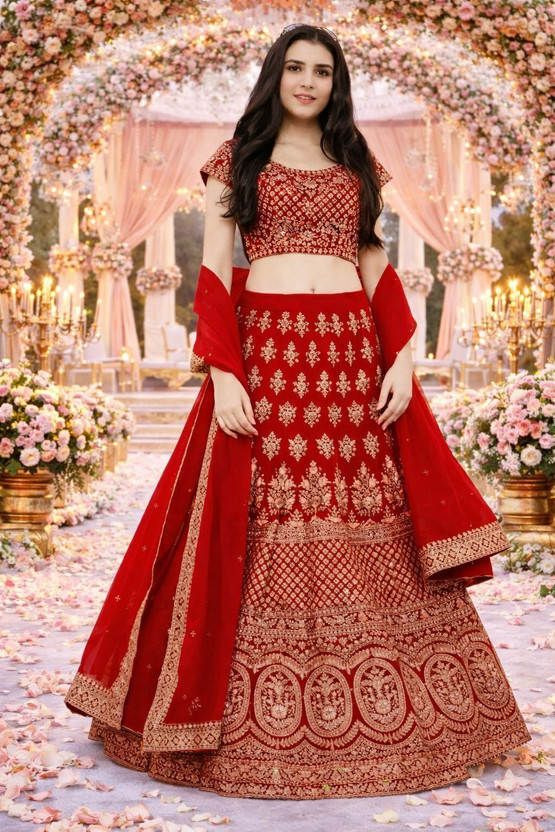 nvpfashion Embroidered Semi Stitched Lehenga Choli(Red)