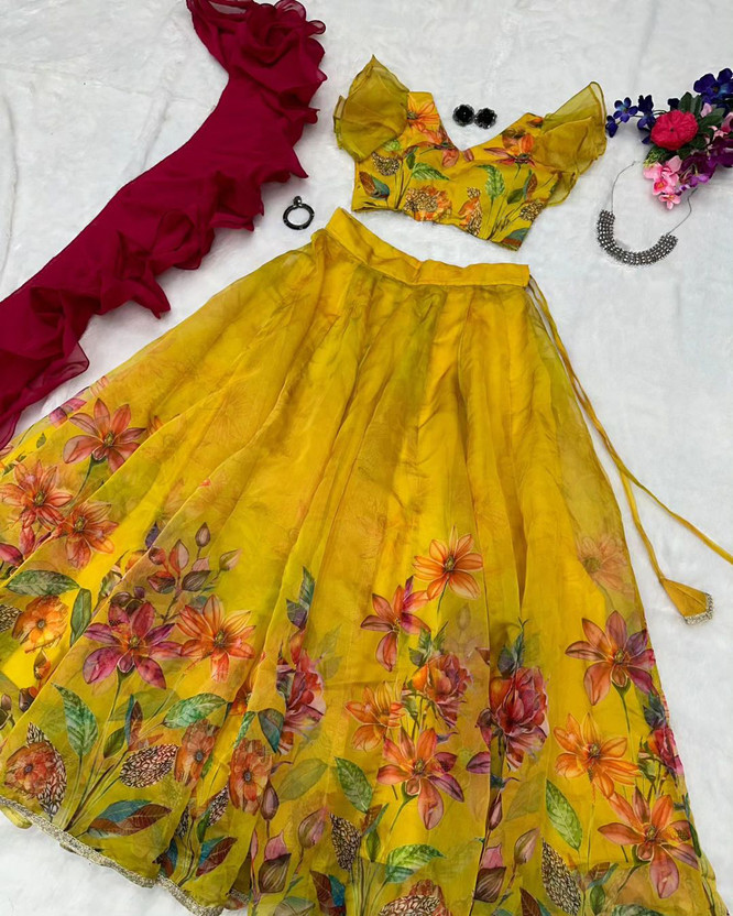 PuriMaa Floral Print Semi Stitched Lehenga Choli(Yellow)