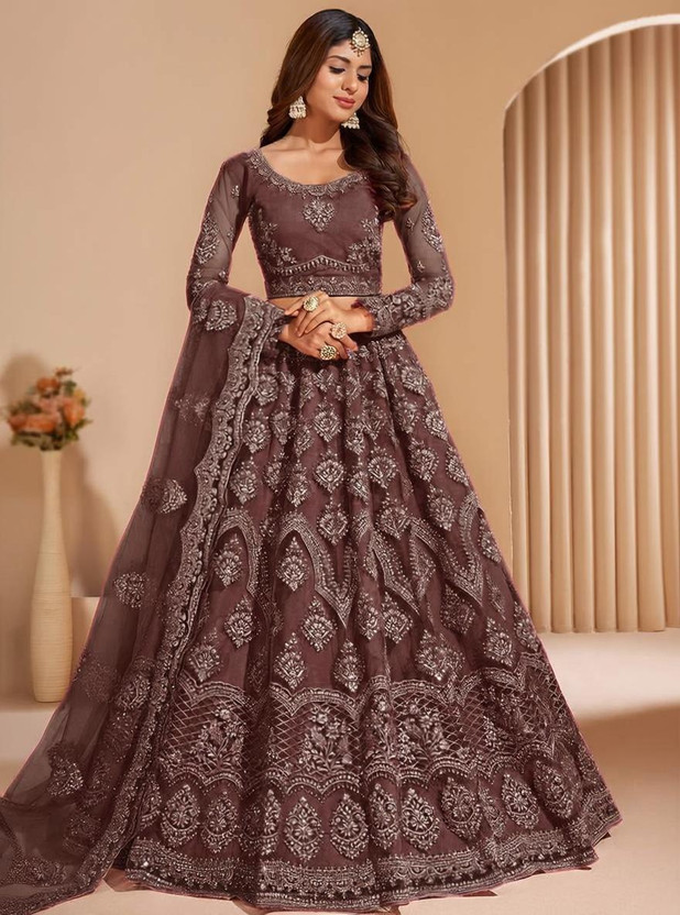 Udbhav Export Embroidered Semi Stitched Lehenga Choli(Brown)