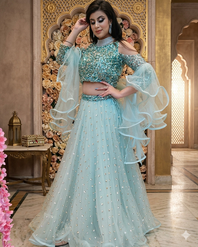 Mert Mert India Embellished Semi Stitched Lehenga Choli(Light Blue) - Flipkart Deal