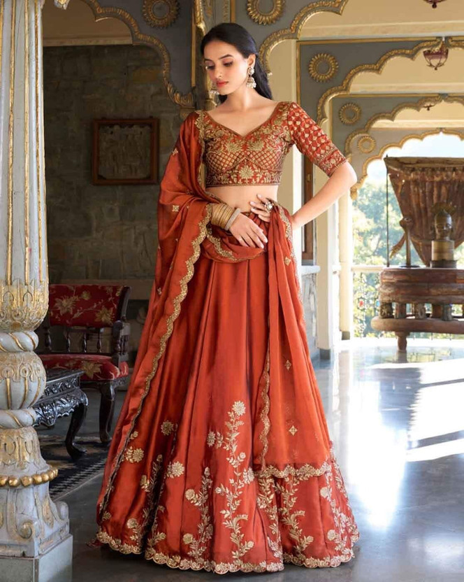 Trivety Embroidered Semi Stitched Lehenga Choli(Orange)