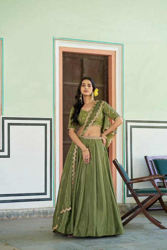 KRISHU KRISHU ETHNICS Embroidered Semi Stitched Lehenga Choli(Green) - Flipkart Deal