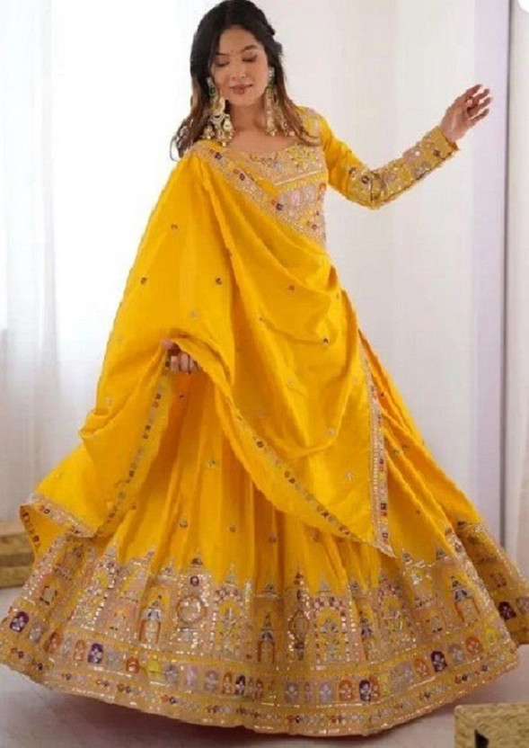 PEDR TRENDS Embroidered Semi Stitched Lehenga Choli(Yellow)