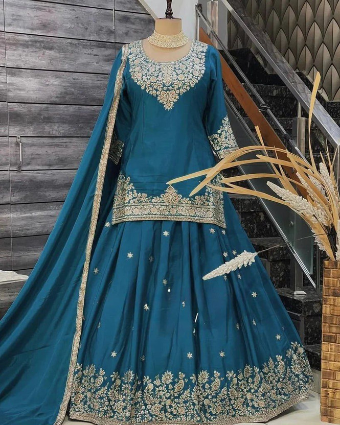 FOLKSHWEAR 21 Embroidered Semi Stitched Lehenga Choli(Blue)