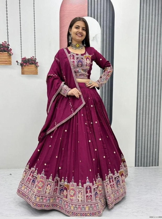 PEDR TRENDS Embroidered Semi Stitched Lehenga Choli(Maroon)