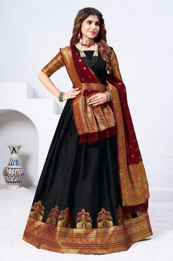Mert India Embellished Semi Stitched Lehenga Choli(Black)
