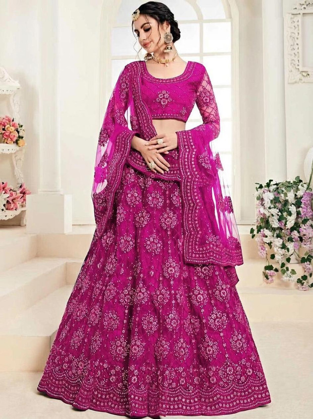Cute Fellow Embroidered Semi Stitched Lehenga Choli(Pink)