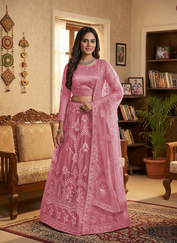 TRIVORA Embroidered Semi Stitched Lehenga Choli(Pink)
