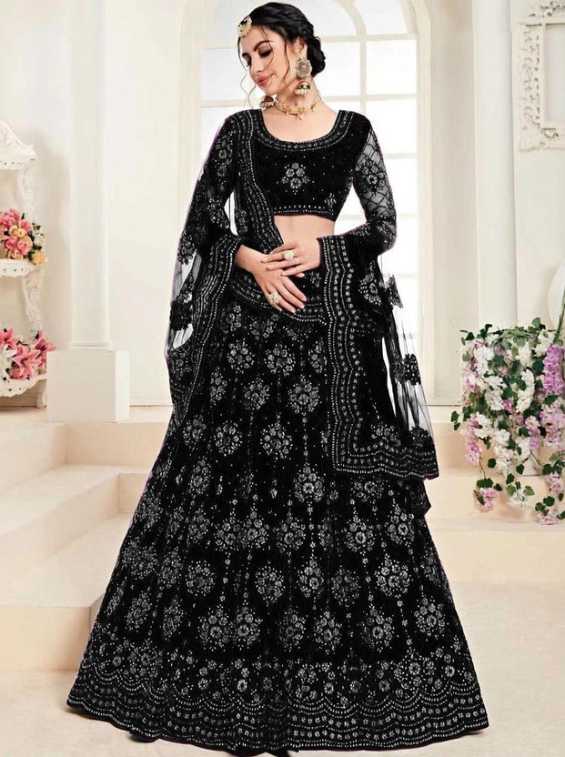 Cute Fellow Embroidered Semi Stitched Lehenga Choli(Black)