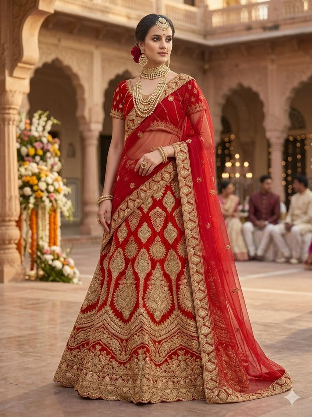 nvpfashion Embroidered Semi Stitched Lehenga Choli(Red)