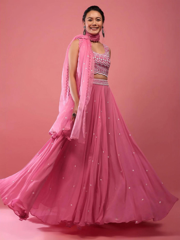 Neel Art Embroidered Semi Stitched Lehenga Choli(Pink)