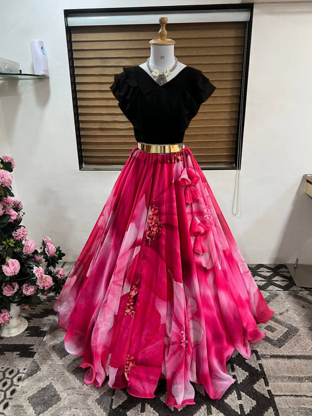 PuriMaa Digital Print Stitched Lehenga & Crop Top(Pink)