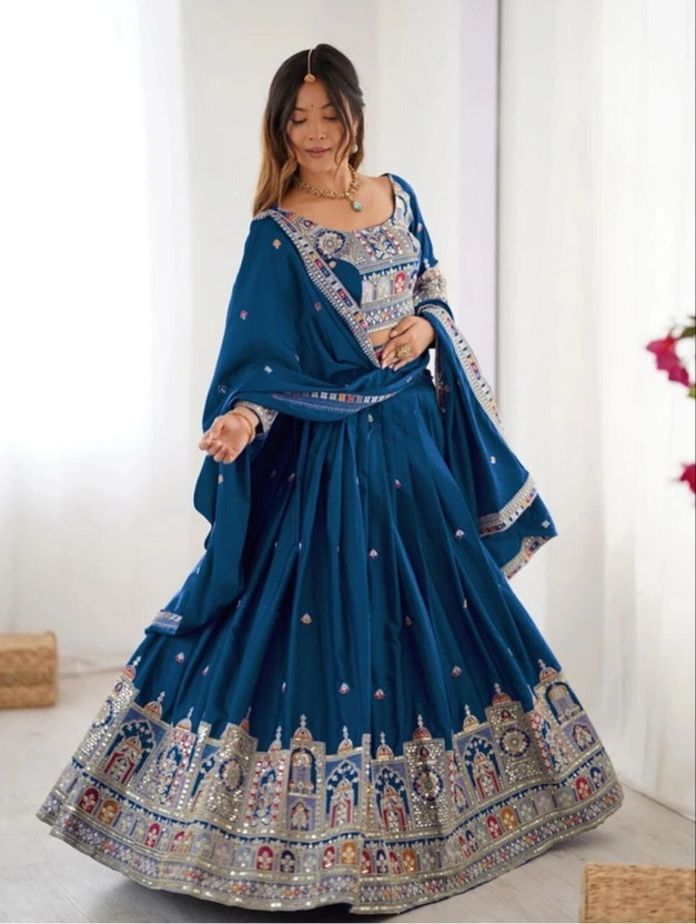 FOLKSHWEAR 21 Embroidered Semi Stitched Lehenga Choli(Blue)