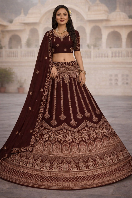 Pixel India Embroidered Semi Stitched Lehenga Choli(Brown)