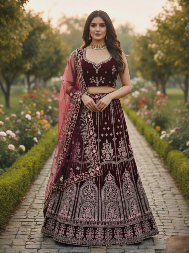 G2J BROTHERS Embroidered Semi Stitched Lehenga Choli(Maroon)