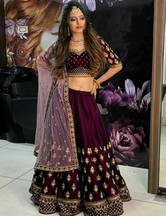 Kedar Fab Embroidered Semi Stitched Lehenga Choli(Purple)