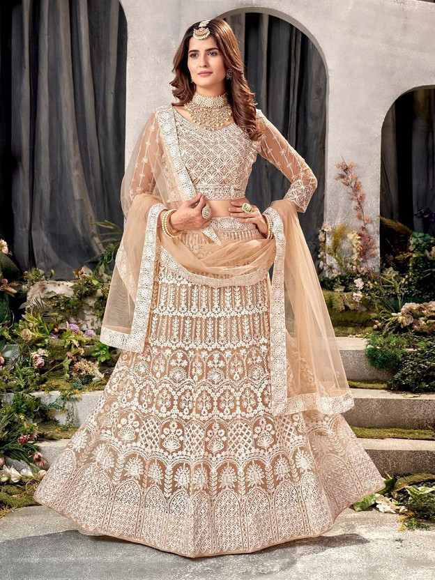 KOMAL Embroidered Semi Stitched Lehenga Choli(Beige, White)