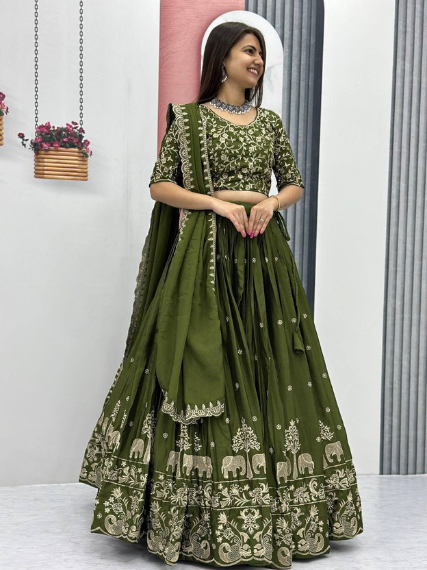 SHIVALIK SHIVALIK FASHION Embroidered Semi Stitched Lehenga Choli(Dark Green) - Flipkart Deal