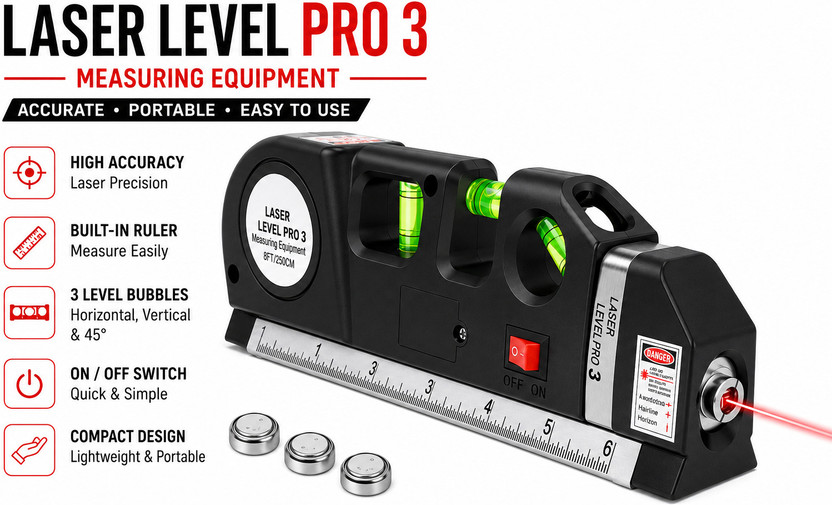 CROWNS PRO3 LEVEL Multipurpose ABS Laser Level Line Tool Kit Non-magnetic Carpenter's Level(30 cm)