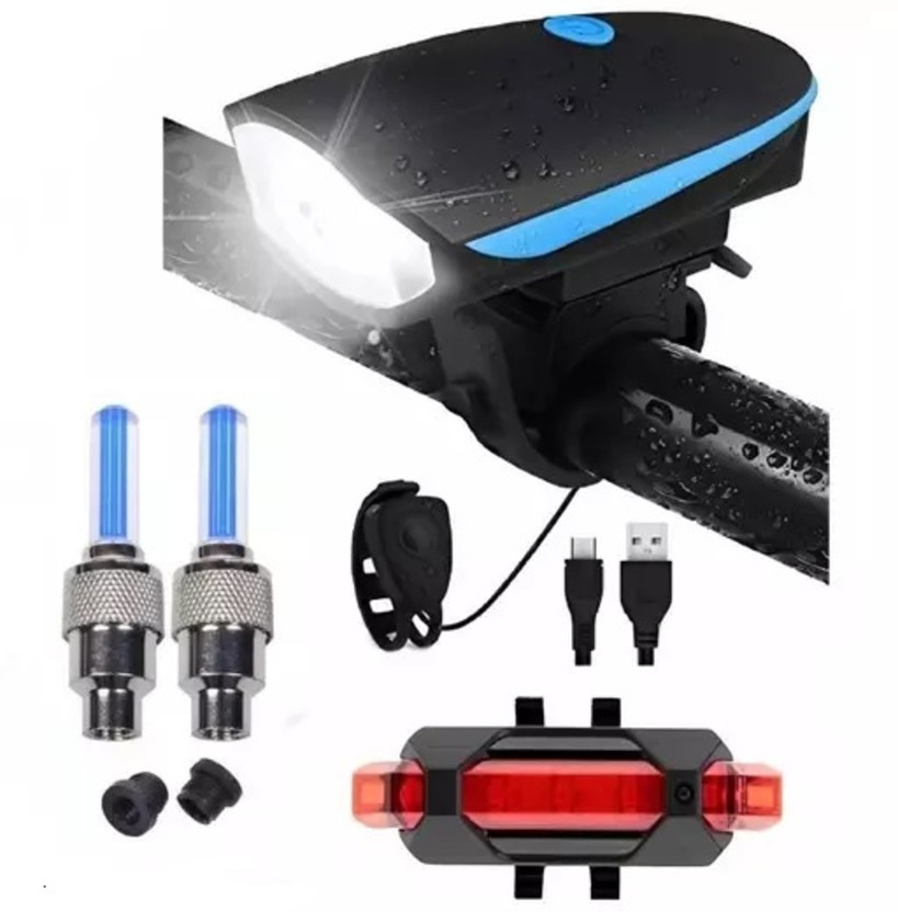 HAPPYRIDER USB Rechargeable Cycle Bell Light and Horn with Red Taillight with Blue Valve Bell(Blue)