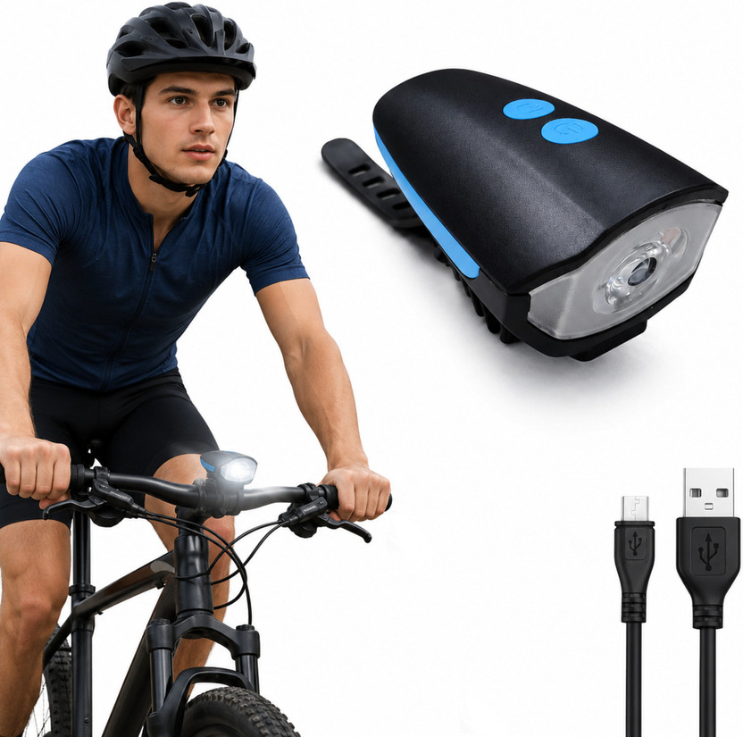 Fitness Scout Rechargeable Bicycle Horn and Light 3 Mode- USB Light LED Front Light(Black, Blue)