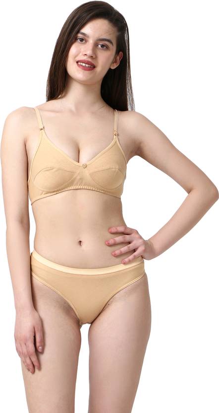 [Size 28] Cotton Plus Bra & Panty Set Solid Brown Lingerie Set