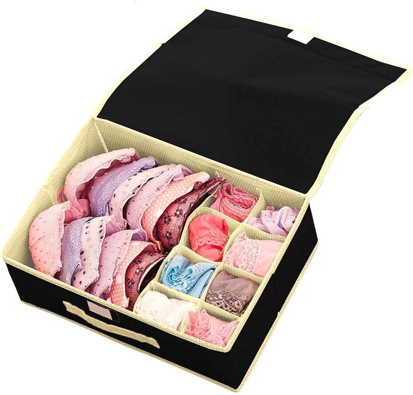 Organo Craft Non-Woven Lingerie Organizer Box with Compartments & Lid | Foldable Storage Case(Black)