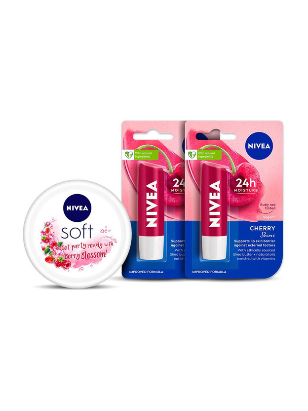 NIVEA Cherry Fruity Shine Lipbalm + Soft Light Moisturizing Cream Berry Blossom Cherry/Berry(Pack of: 3, 209.6 g)