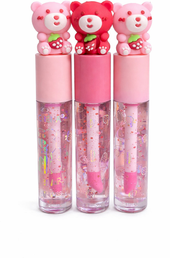 BRM TRADERS Bear Shape Lip Gloss Glitter Finish Lightweight Smooth Lip Shine(Pack Of 3)(6 ml, Pink, Multicolor)