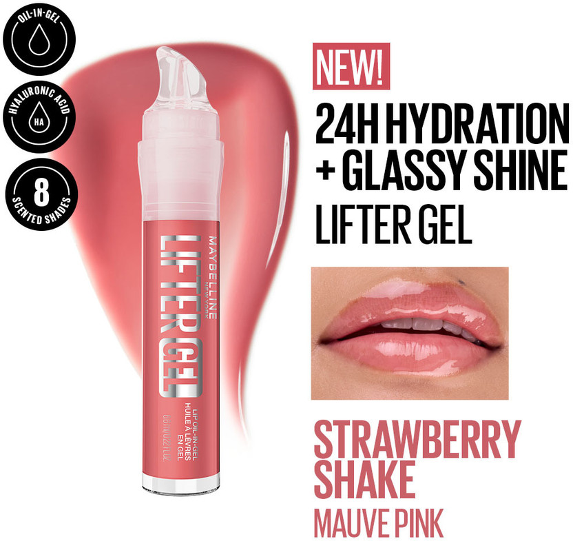 MAYBELLINE NEW YORK Lifter Gel Lip Oil In Gel | Glass-like shine, 24H Hydration(6.6 ml, Strawberry Shake)