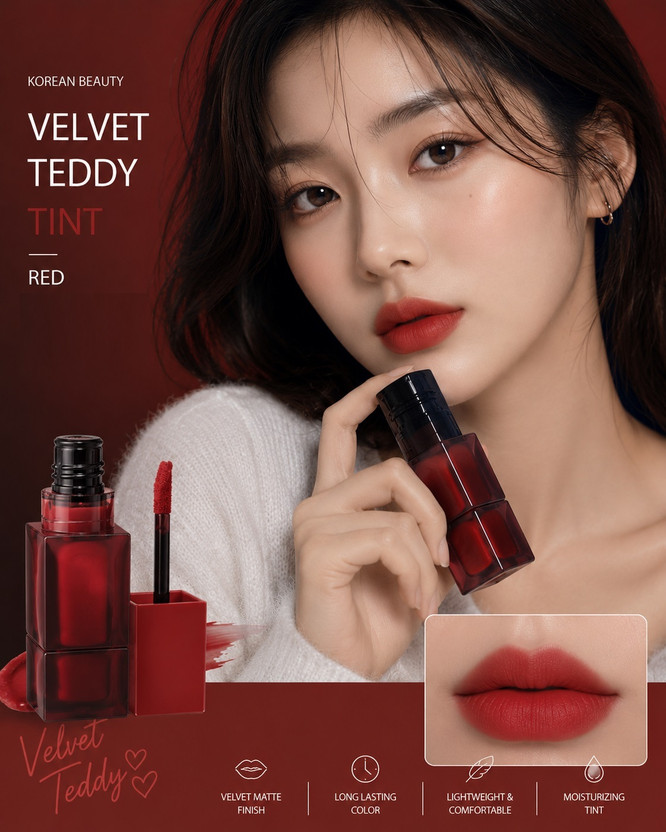 EVERERIN Korean Teddy Tint Lip Color, Long-Lasting(VELVET RED)