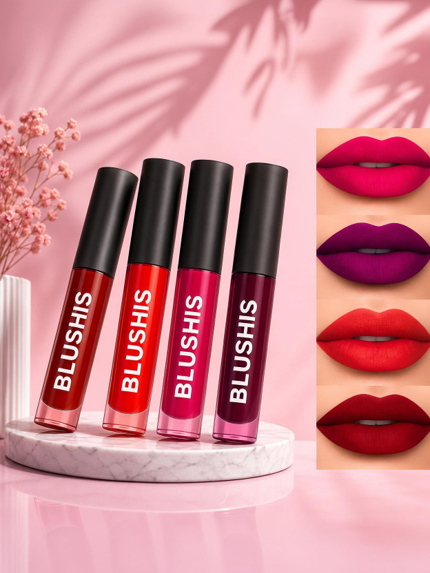 BLUSHIS Non Transfer Insta Beauty Waterproof Longlast SensationaL Liquid Matte Mini Lipstick Combo Pack Of 4 Red ,Purple Maroon and Magenta Colour Shade(Multicolor, 16 ml)
