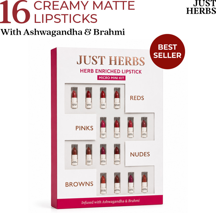 Just Herbs Herb-Enriched Ayurvedic Intense Colour Micro Mini Lipstick Set - 16 Shades(Multicolor, 9.6 g)