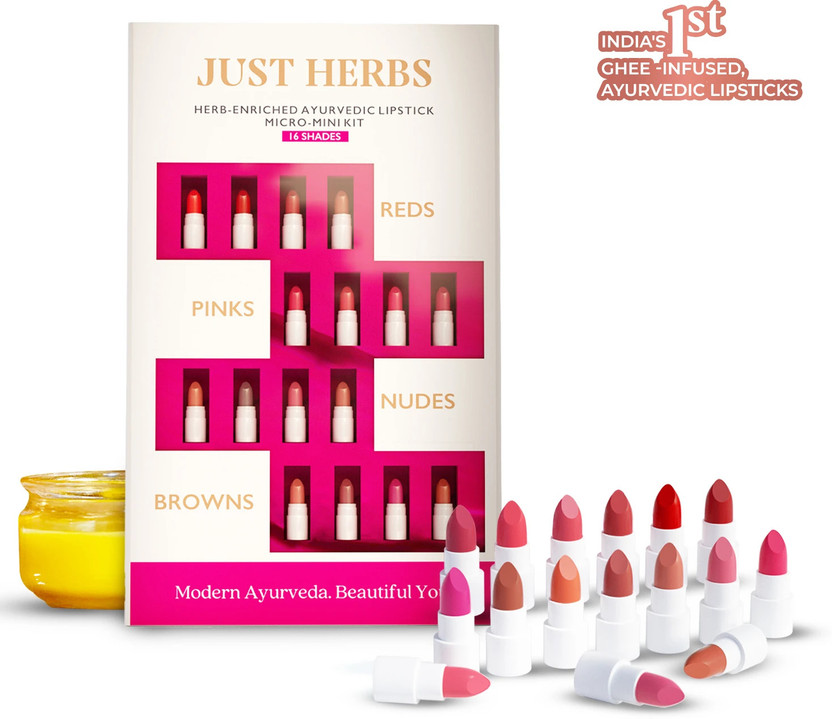 Just Herbs Herb-Enriched Ayurvedic Intense Colour Micro Mini Lipstick Set - 16 Shades(Multicolor, 9.6 g)