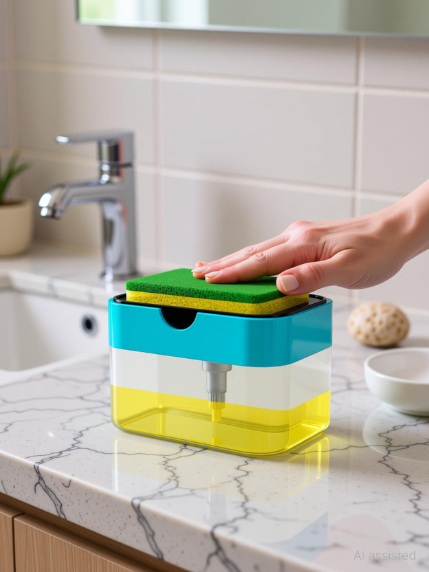 SWAPKART 2-in-1 Liquid Soap Dispenser for Kitchen and Sponge Holder with scrub 500 ml Liquid, Soap Dispenser(Blue)