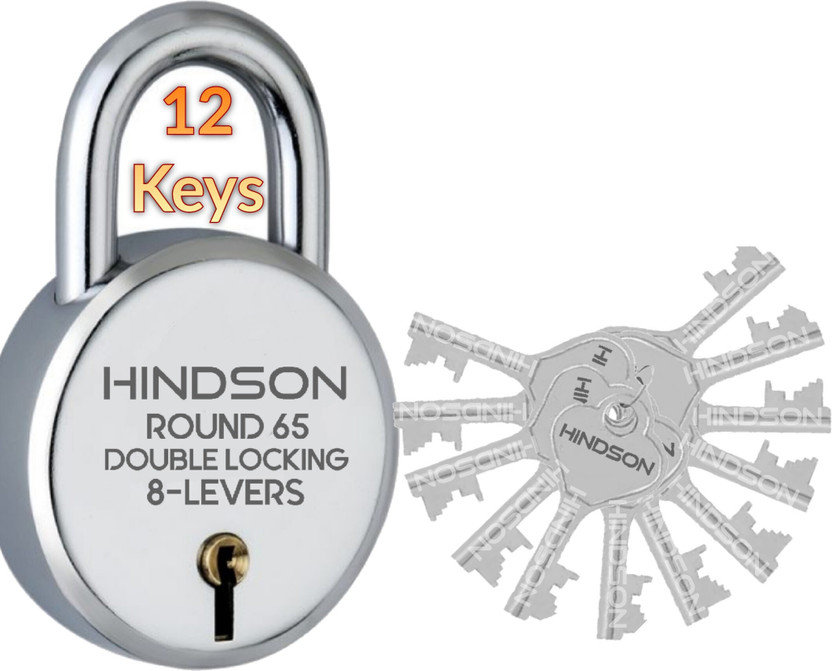 HINDSON 12 Keys 65mm Hardened Shackle , Double Lock for Shutter, Door, Gate Security Padlock(Silver)