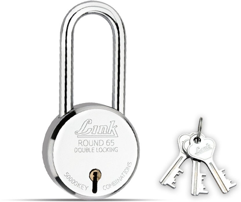 Link 65mm New Round Long Shackle| Steel Body | Brass Lever | Made In India Padlock(Silver)