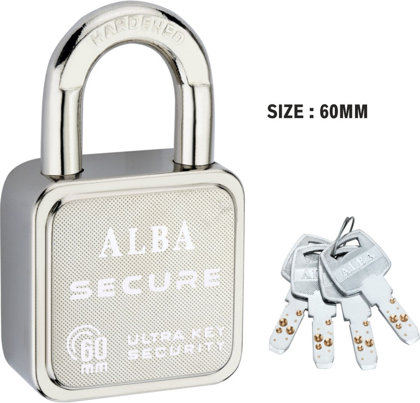 ALBA Secure Hi-Tech Padlock with 4 Brass Ultra Keys Rust Proof Mechanism Lock,60 mm Lock(Chrome Silver)